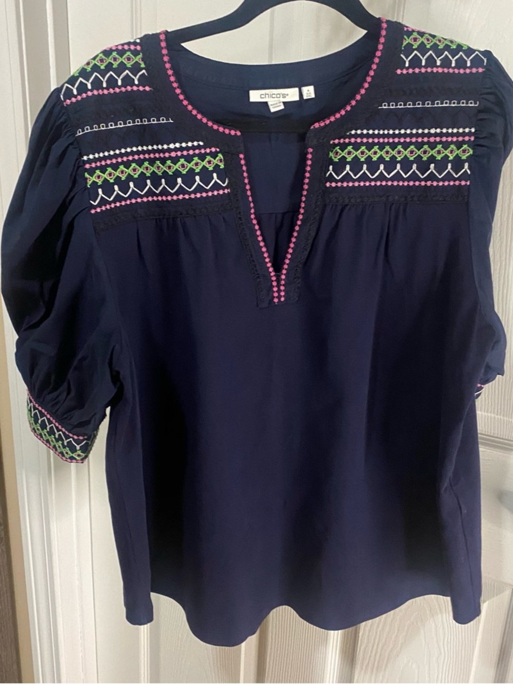 Chico's Navy Embroidered Split-Neck Blouse with Pink & Green Trim